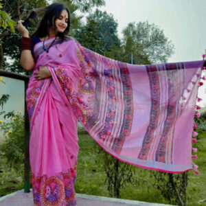 Vibrant Pink Tussar Silk Saree with Hand-Painted Mithila Art Pallu