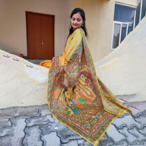 Hand-Painted Yellow Tussar Silk Saree with Traditional Mithila Art