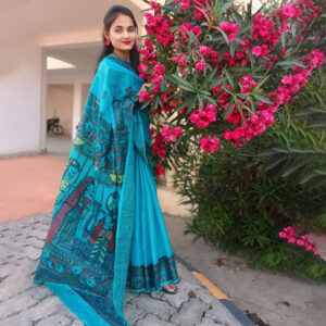Vibrant Blue Khadi Linen Saree with Hand-Painted Mithila Art