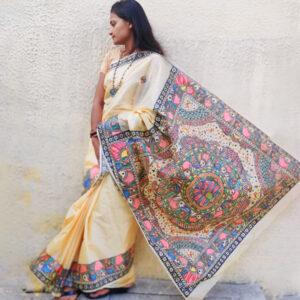 Handloom Cream Tussar Silk Saree with Hand-Painted Mithila Art Pallu