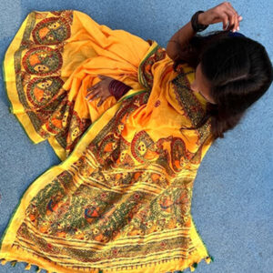 Vibrant Yellow Khadi Linen Saree with Hand-Painted Mithila Art