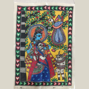 Divine Love: Madhubani Art Poster of Krishna, Radha, and Peacock