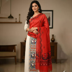 Women's Lightweight Khadi Cotton Kurta Set with Hand-Painted Madhubani Dupatta